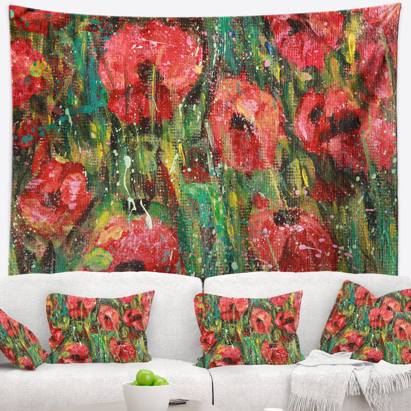 Tapisserie florale, coquelicots rouges, H 32 po x l 39 po