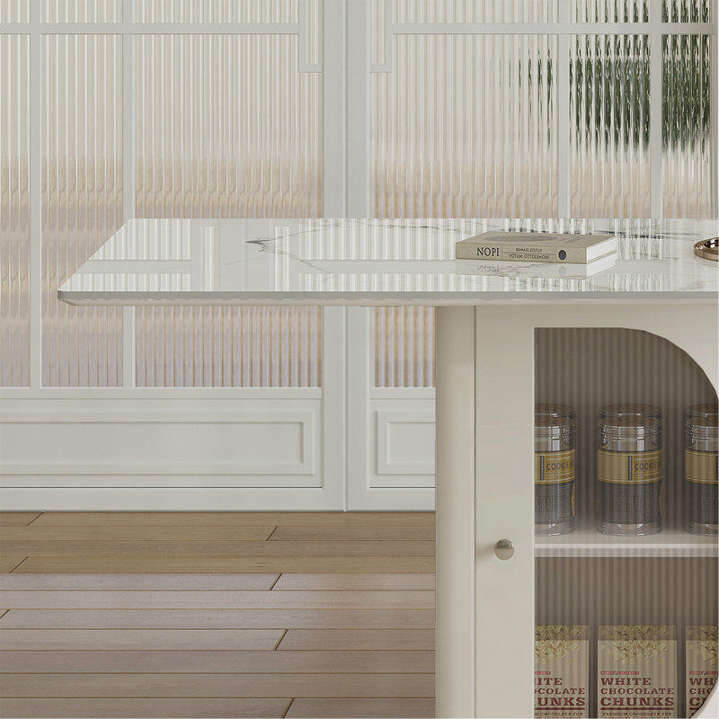 Ensemble de table de salle à manger moderne 63 "pour 4 à 6 personnes avec rangement, plateau en pierre brûlée et base en bois massif doré, comprenant des chaises en polyuréthane blanc pour la cuisine et les appartements