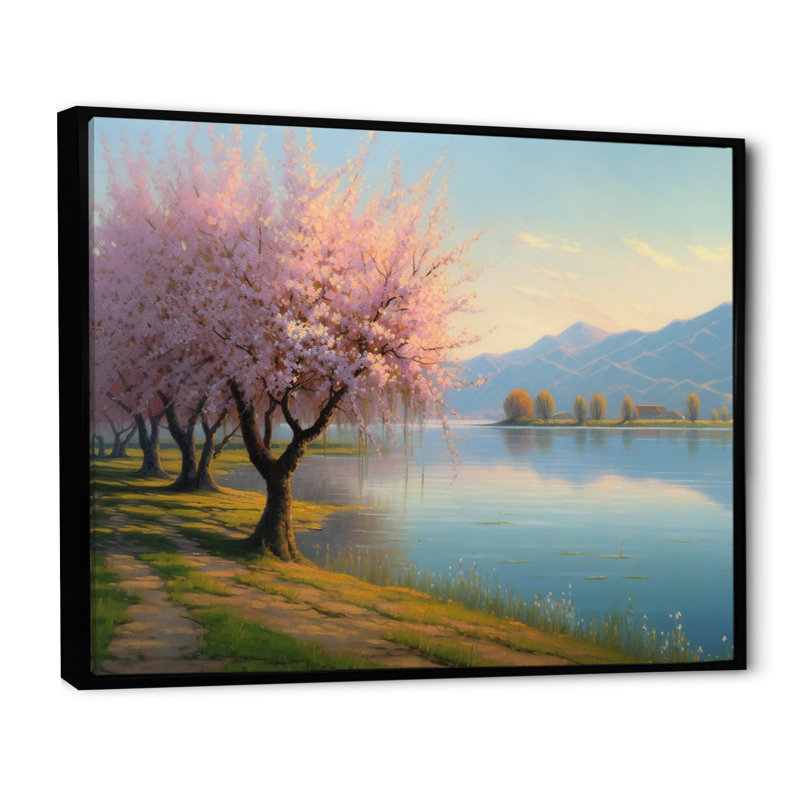«Rous Cherry Blossom Trees» au bord de l'eau II - reproduction, H 34 po x l 44 po x P 1,5 po, Cadre flottant noir