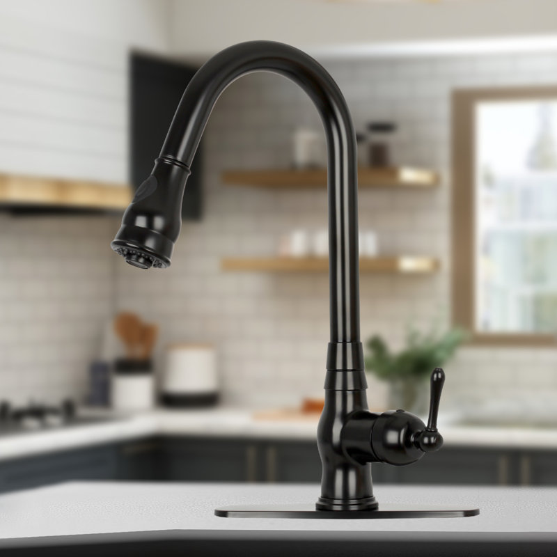 Pull Down Kitchen Faucet Single Handle Sink Faucet With Deck Plate, Matte Black