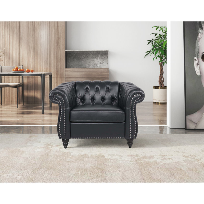Fauteuil Chesterfield l 39 po Fairport, Similicuir noir