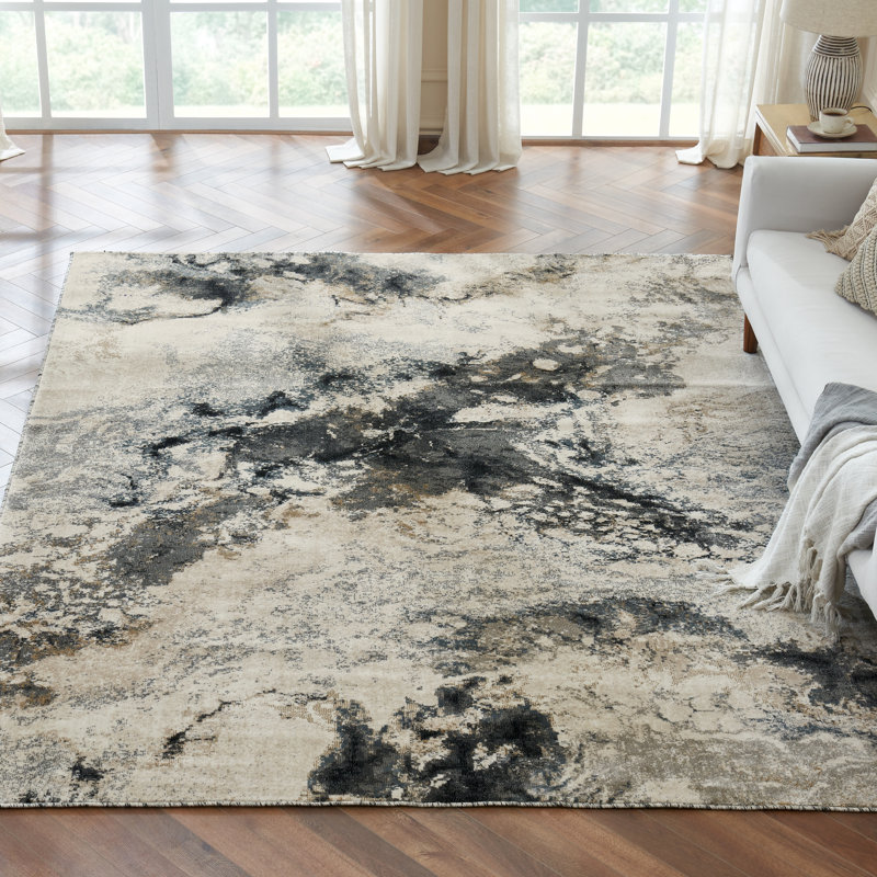 Strato Marble Terrain Abstract Grey/Cream/Gold Area Rug, Rectangle 8'6" x 11'6"