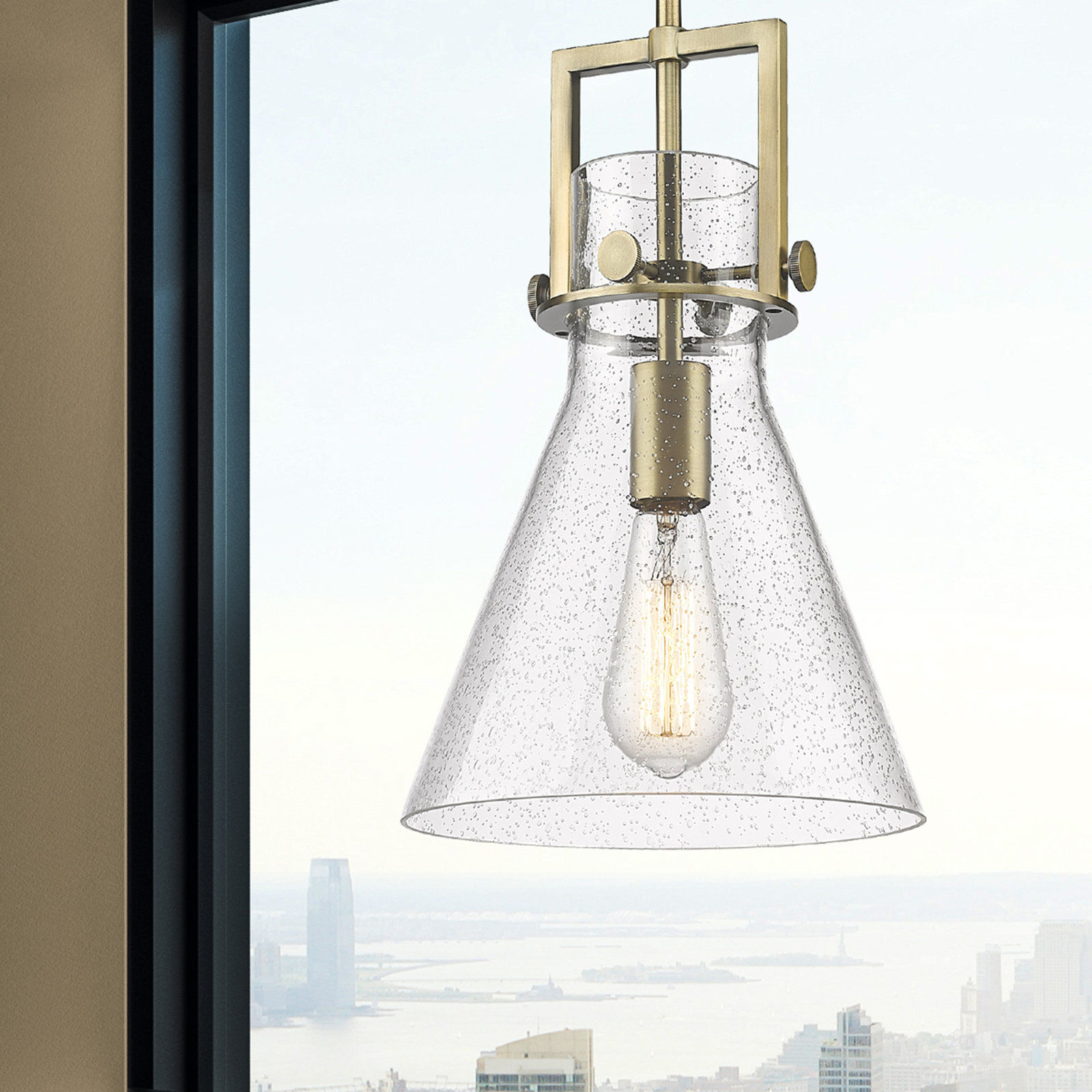 Coterie Single Light Glass Dimmable Pendant, Brushed Brass, Seedy, 13.63" H x 10" W x 10" D