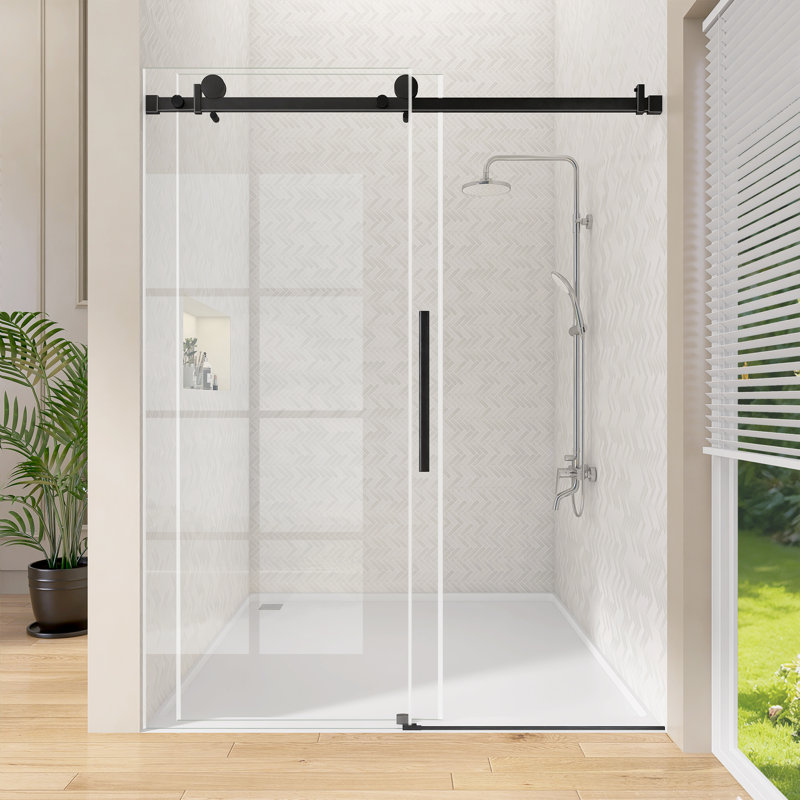 60"X76" Shower Door  Single Sliding Frameless With Matte Black Hardware And 1/4" Tempered Glass For Modern Bathroom