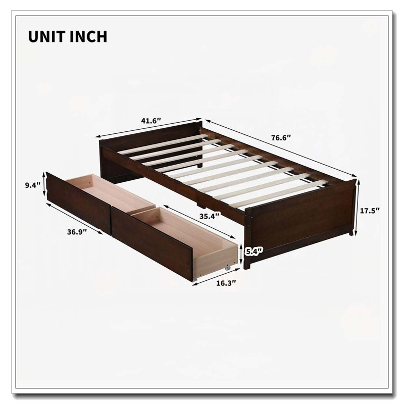 Lit en bois d'hévéa massif avec 2 tiroirs, Espresso