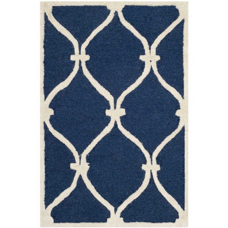 Erol   Geometric Handmade Tufted Wool Navy/Ivory Area Rug, Rectangle 2'6" x 4'