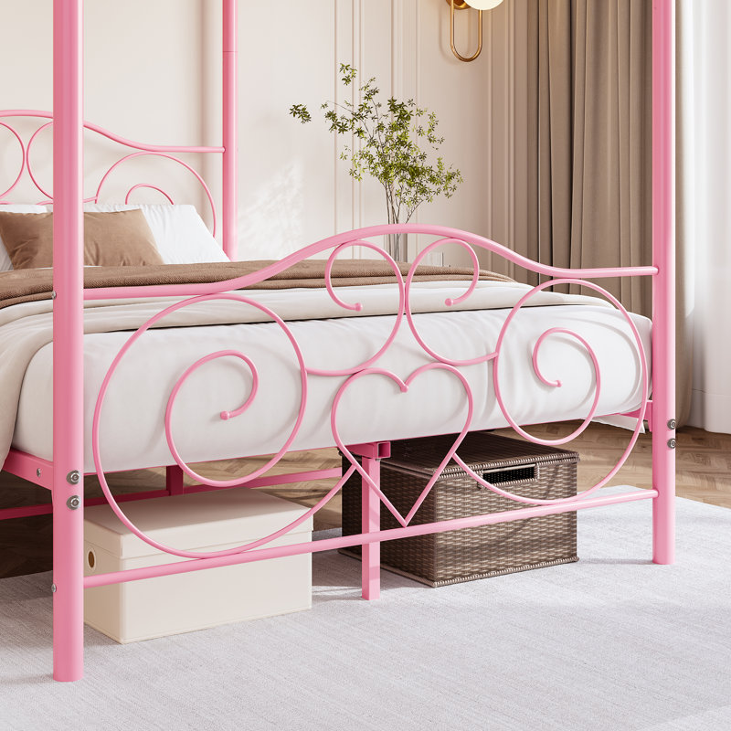 Cadre de lit à baldaquin en métal avec tête et pied de lit, lit plateforme à quatre colonnes avec rangement intégré, sommier non requis, format Queen, rose - 2
