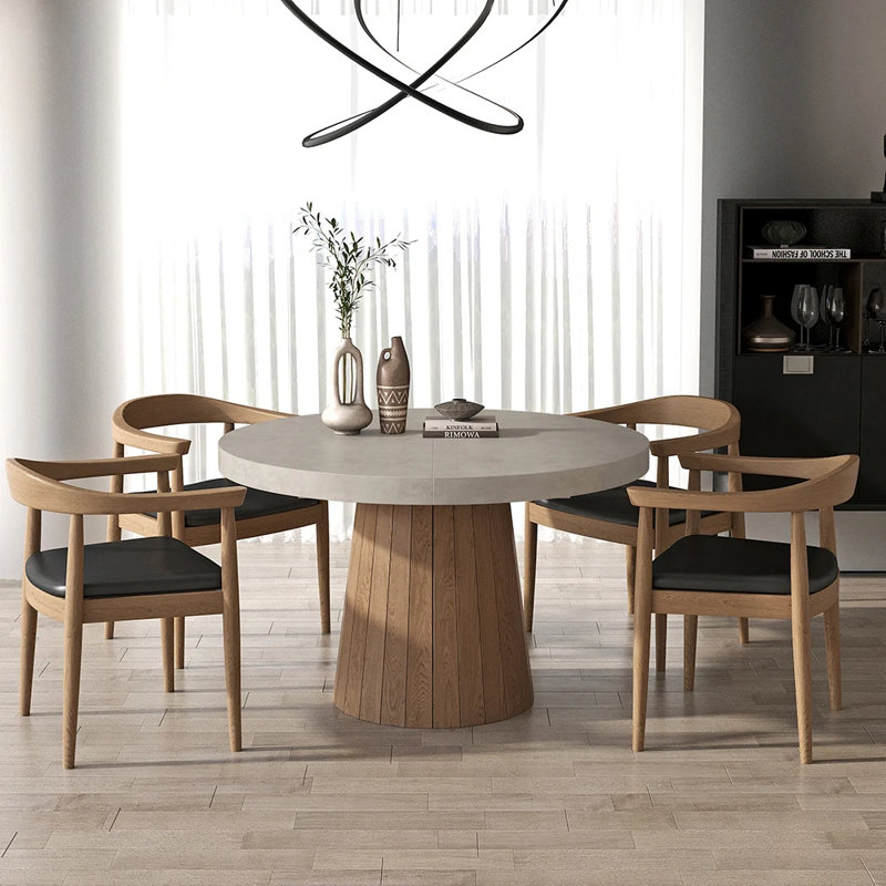 Gray and Natural Wood Round Extendable Dining Table for 4-6