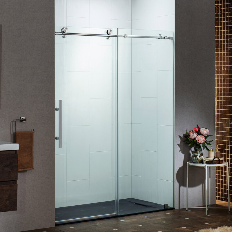 45.5-48" W X 76"H Frameless Single Sliding Shower Doors With 3/8"(10mm) Clear Tempered Glass, Soft Close System And Explosion-Proof Film