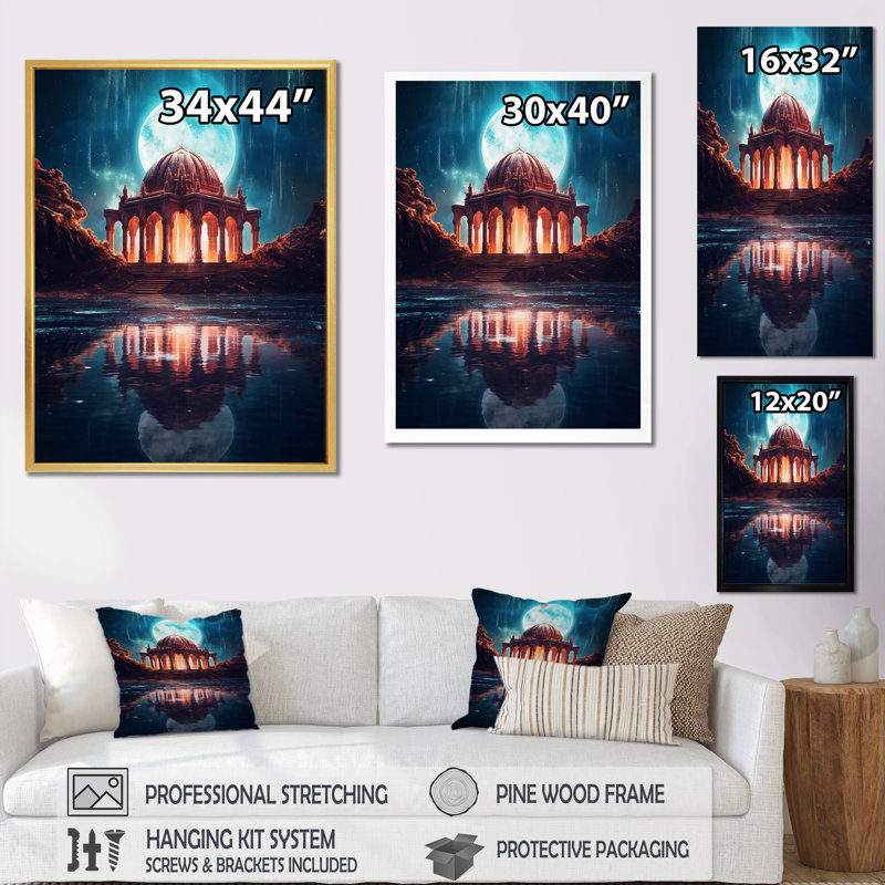 Ancien temple grec sous la majestueuse pleine lune - impression, 40" H x 30" W, Cadre flottant doré