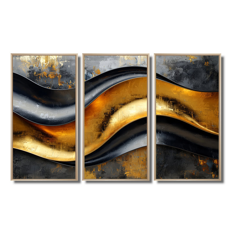 «Geometric Cooper Waves II», ensemble de 3 spirales abstraites, H 40 po x l 60 po, Impression encadrée sans passe-partout