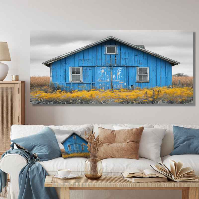  «Blue Gray Autumn Tranquil Barn - Barn Wall Art Living Room, Toile tendue, H 28 po x l 60 po