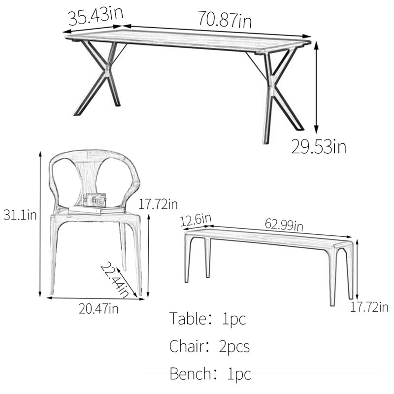 Ensemble de table de salle à manger en bois de noyer, H 29,53 po x L 70,87 po x l 35,43 po