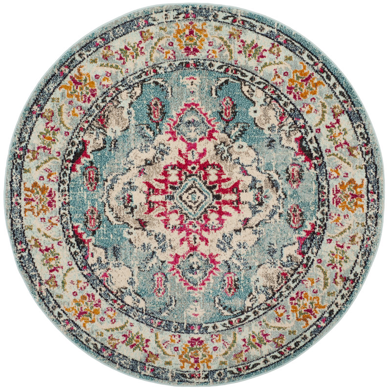 Tapis oriental Almyra, Rond 3 pi, Vert forêt / bleu clair