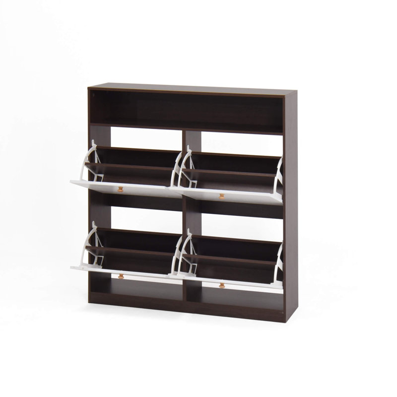 Range-chaussures 4 tiroirs avec poignées en bois - Rangement de chaussures autoportant pour entrée et couloir avec sécurité anti-basculement