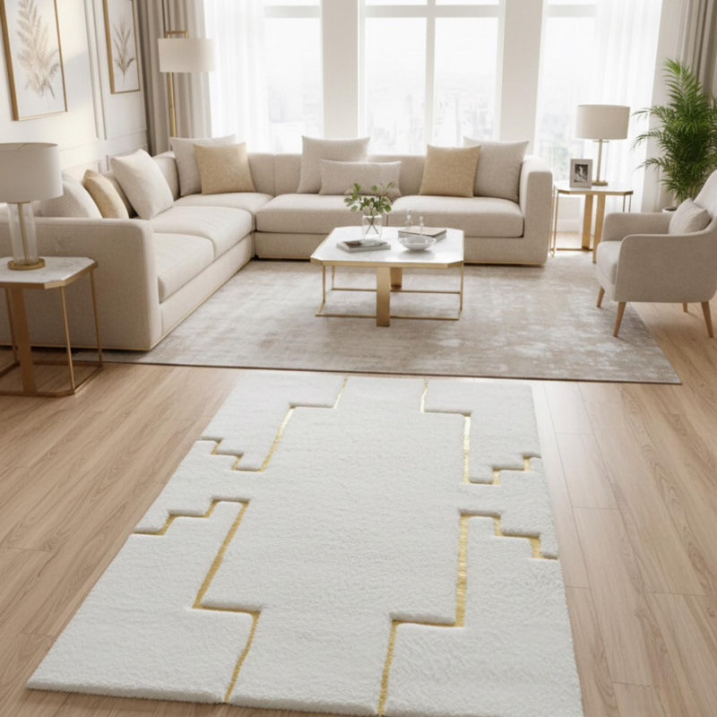 Tapis blanc et doré moelleux, tapis géométrique moderne, Rectangle 3 pi x 3 pi 4 po