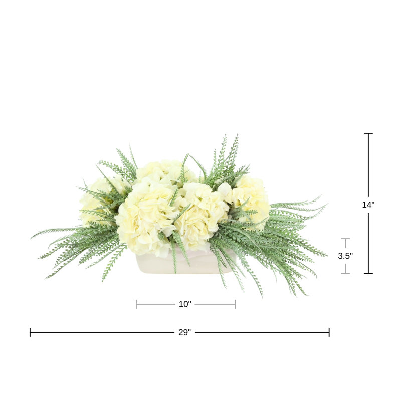 Hydrangeas and Ferns Arranged in Ceramic Pot