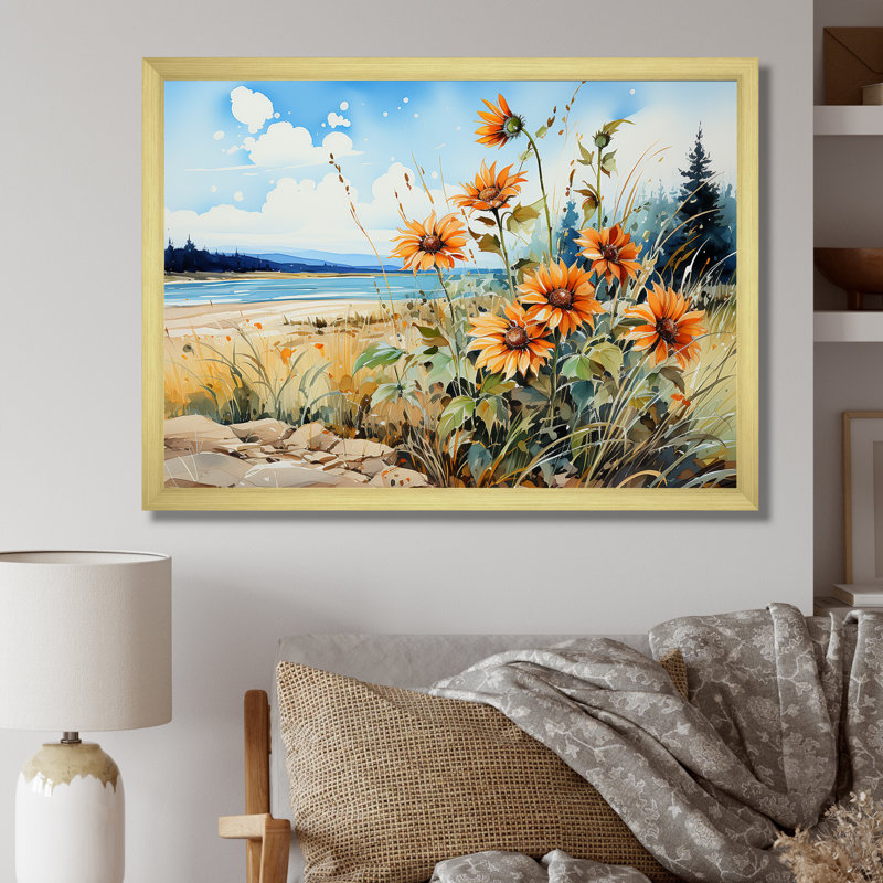 Tournesols sur la plage - Tournesols, art mural, Encadrement doré, H 24 po x l 32 po x P 1 po