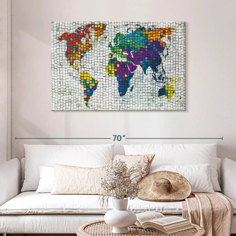 Carte du monde en mosaïque de pierre Aliaz, H 30 po x l 45 po