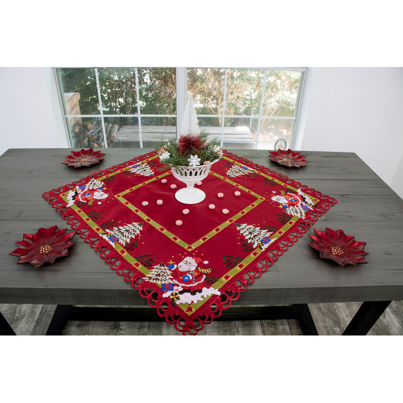 Joswick Santa Claus Christmas Trees Red Table Topper (33" Square)