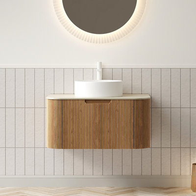 Meuble-lavabo de 30 po, lavabo en céramique blanche, comptoir en pierre frittée à motif, armoire murale en contreplaqué avec tiroir à rayures 3D et meuble-lavabo à finition en grain de bois naturel à fermeture en douceur de 30 po