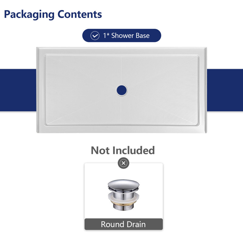 DeerValley 60" Shower Base in White with Single Threshold Shower Pan, Non-slip Design, 3.5" H x 60" W x 36" D