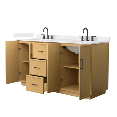 Elan 66 Inch Double Bathroom Vanity with Toe Kick in Light Oak, Carrara Cultured Marble Countertop, Undermount Square Sinks (3-Hole), Matte Black Trim