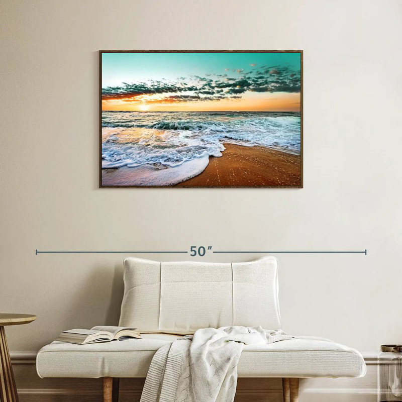 Plage rétro de Cancun, 37 po x 25 po, Cadre flottant noyer