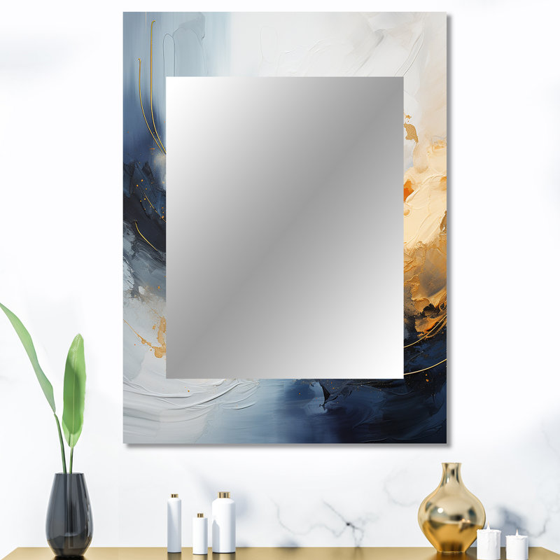 Blue and yellow marble storm VII - Abstract Painting Mirror, Blue Decorative Wall Mirror, Printed Metal Art, 40" x 30"