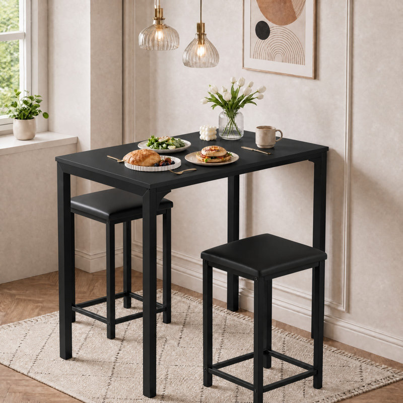 17 Stories 3pcs Counter Height Table Set 2 Chairs Bar Dining Room, Black