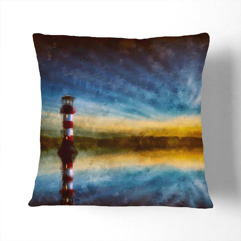 Lighthouse and Seascape During Sunset Painting Cushion with Filling, 55cm H x 55cm W x 20cm D