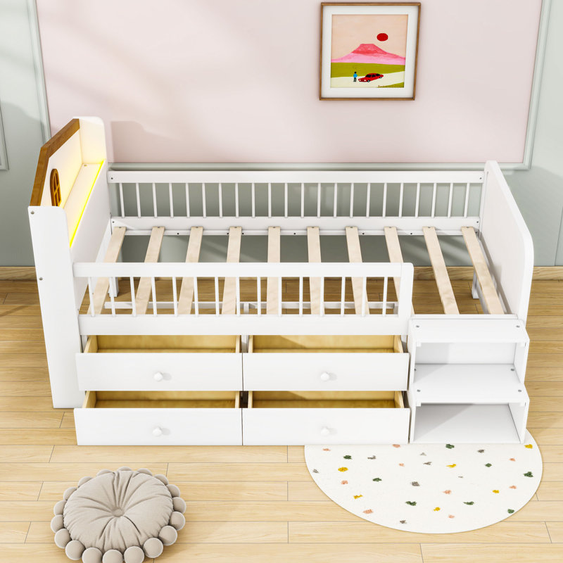 Twin Wooden Four Drawers Bed with LED Lights, White