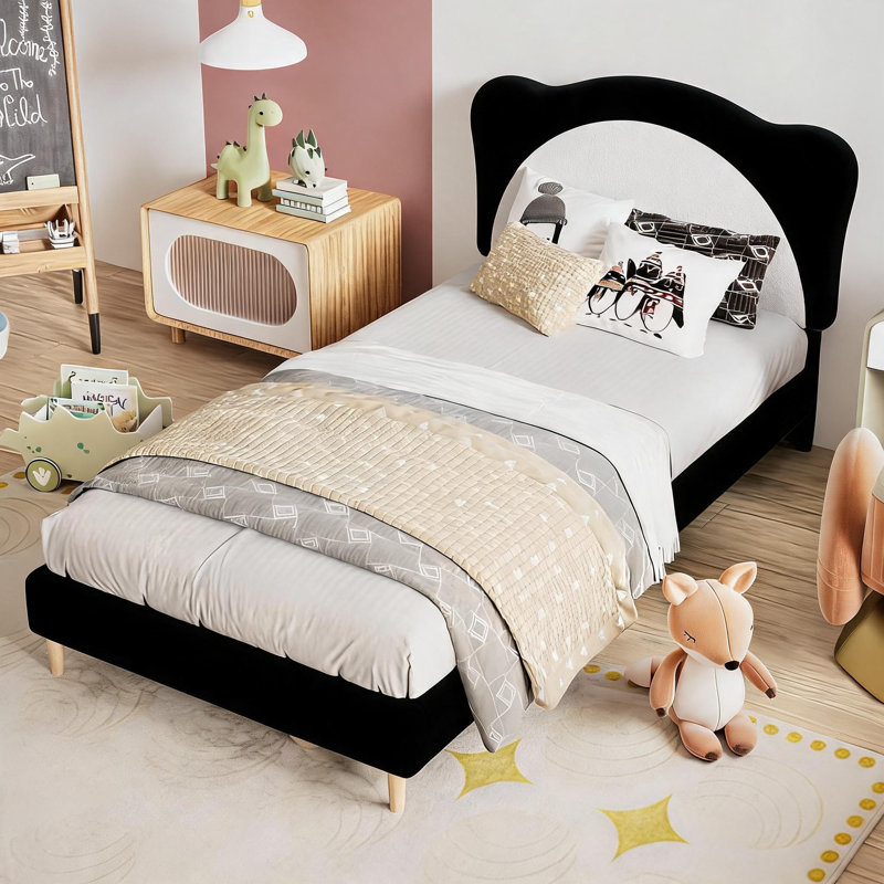 Twin Upholstered Bed Frame for Kids, Black+White