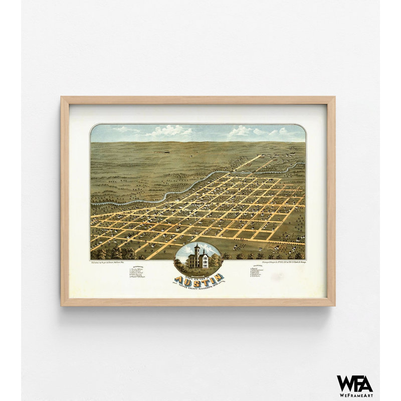 Vue d'oiseaux du comté d'Austin-Mower, Minnesota, 1870, H 12 po x l 16 po, Imprimé encadré brun clair sans passe-partout