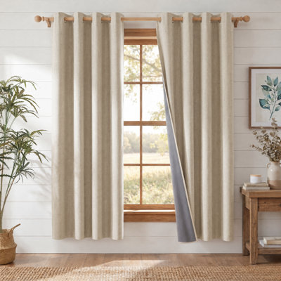 100% Blackout Linen Curtains for Bedroom, Burlap Linen Drapes with Thermal Insulated Grey Liner Grommet Noise Reducing Window Panels for Living room, 2 Panels
