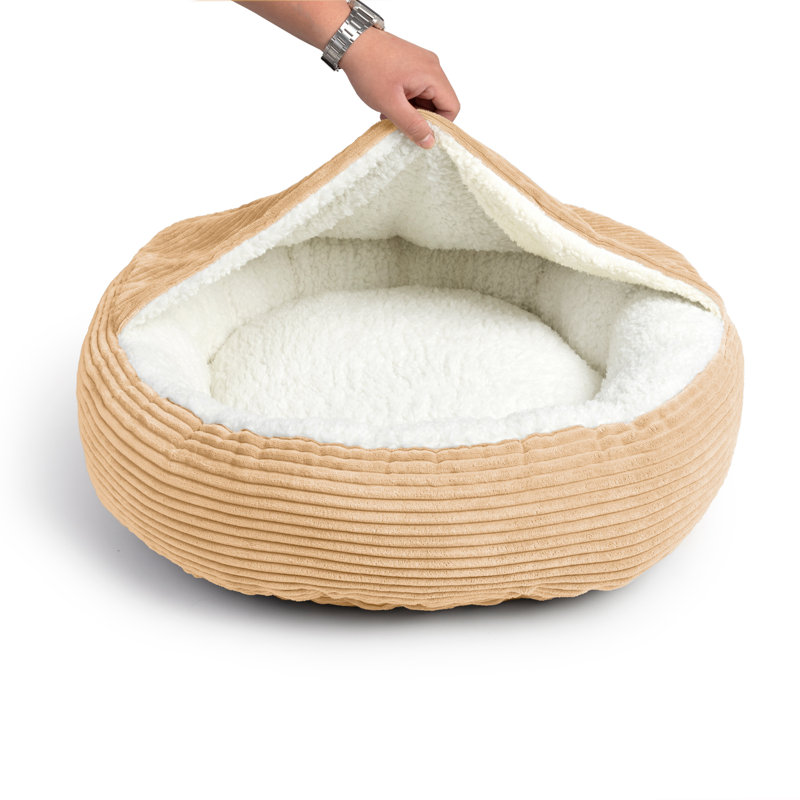 Lit rond rond avec capuche en velours côtelé, H 4 po x l 27 po x P 27 po, Doré