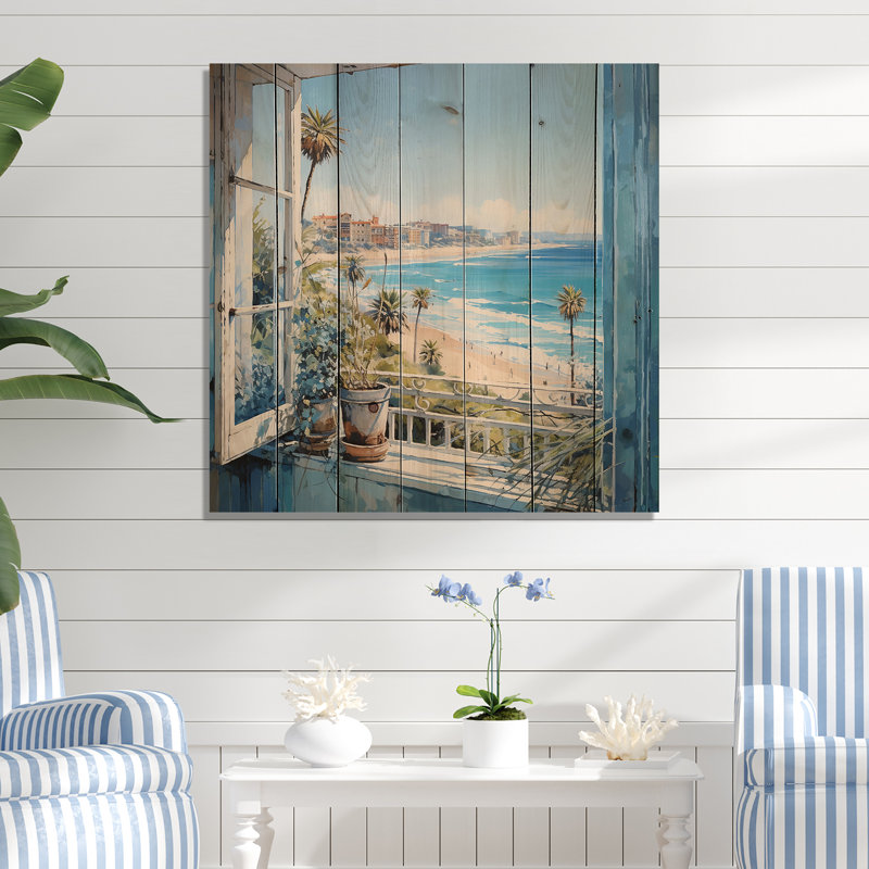 «California Shoreline Window View I» - fenêtres côtières sur bois, H 15 po x l 15 po