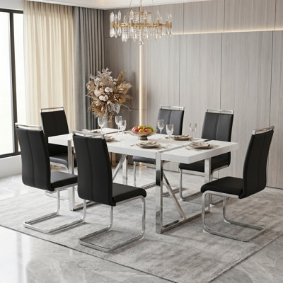 7-Piece Modern Glam High-Gloss Manufactured Wood Dining Table Set with Faux Leather Cantilever Chairs