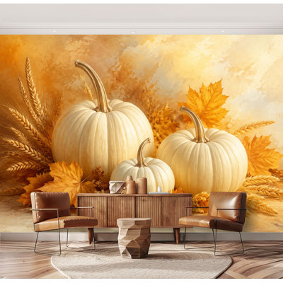 Papier peint pelez et collez, citrouilles blanches, feuilles de blé, tons chauds d'automne, grand papier peint auto-adhésif amovible, papier contact mural pour salon, chambre à coucher, chambre de bébé H 69 po x l 96 po