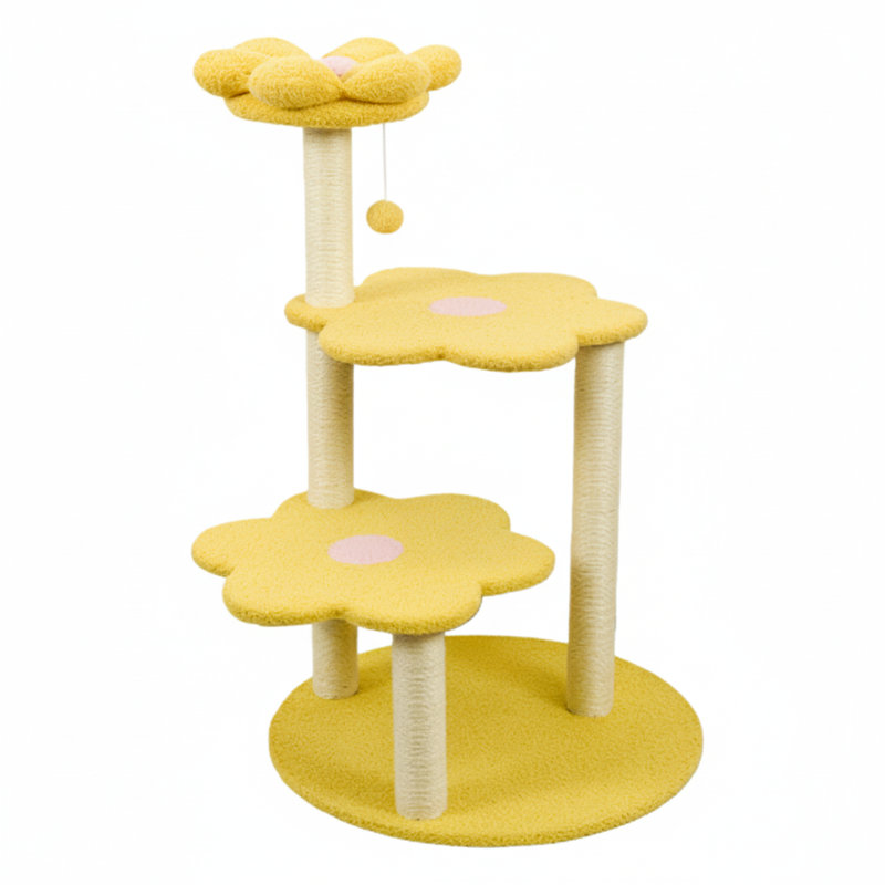 Arbre à chat jaune à plusieurs niveaux avec perchoir douillet, poteaux à griffer en sisal et jouets suspendus - meubles pour chat de 40 po de hauteur