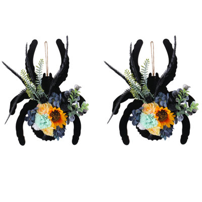 2Pcs Black Halloween Wreath Spider Wreath with Sunflowers, Wooden Pendant, Christmas Wreath for Front Door Decoration Autumn Halloween Party Decoration Supplies