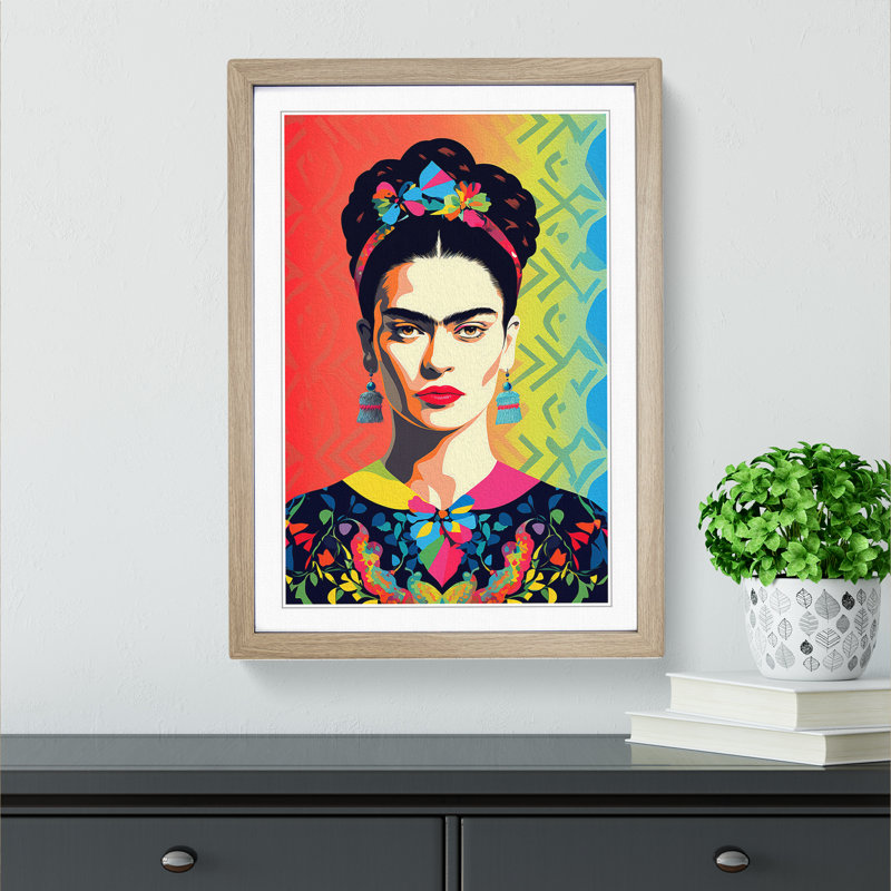 Frida Kahlo Op - Single Picture Frame Print on Wood, Oak Framed, 46cm H x 34cm W