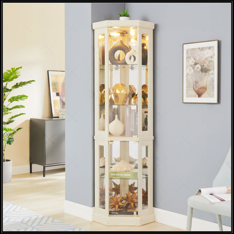 Corner Glass Cabinet Lighted Curio Cabinet Corner Display Case For Living Room, Antique White