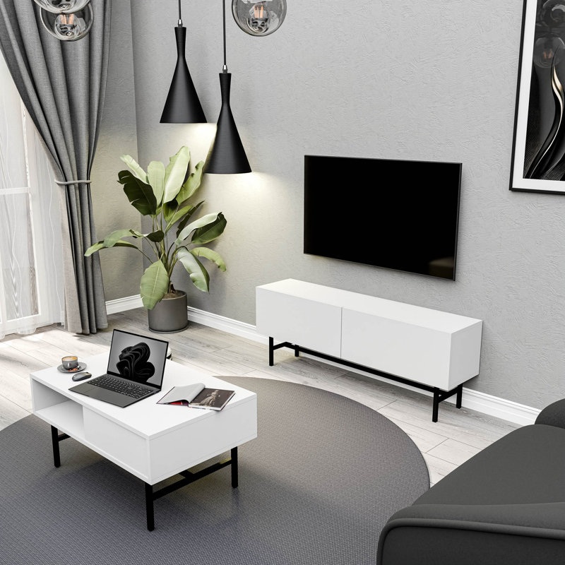 Élégant ensemble de meubles de salon, blanc | Meuble télé (54,3 x 19,7 x 11,6 po) et table basse (35,4 x 21,3 x 15,6 po) | Panneau de particules 100% mélaminé, fixation murale, tablettes multiples | Design moderne pour décors chics