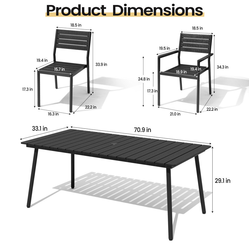 Ensemble repas pour 6 personnes en aluminium avec chaises empilables et trou pour parasol, Noir, noir, noir, noir