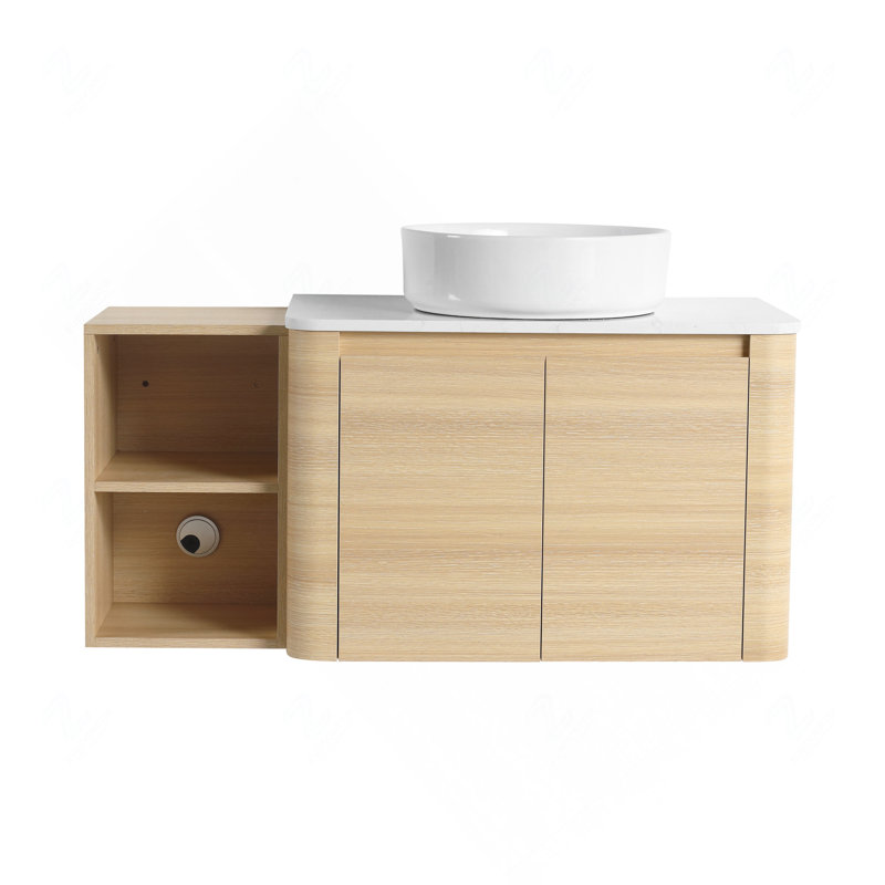 Meuble-lavabo mural 42 po en contreplaqué avec vasque en céramique, tablette de rangement et 2 portes à fermeture en douceur