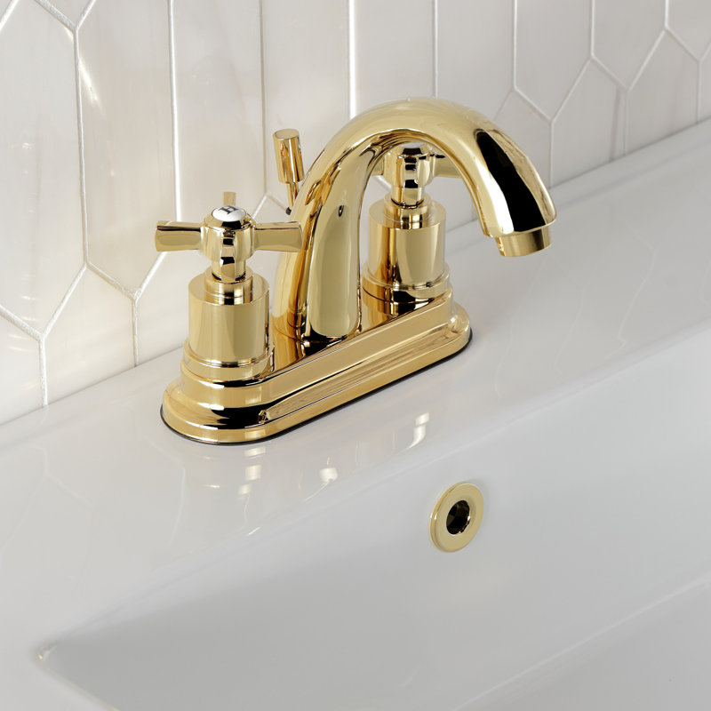 Kingston Brass Millennium Two-Handle 3-Hole Deck Mount 4" Centerset Bathroom Faucet with Brass Pop-Up, Polished Brass
