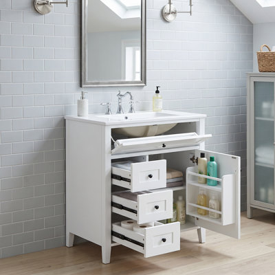 Meuble-lavabo autoportant de 76 cm (30 po) en MDF et bois d'hévéa blanc avec lavabo, 3 tiroirs et tablette ajustable