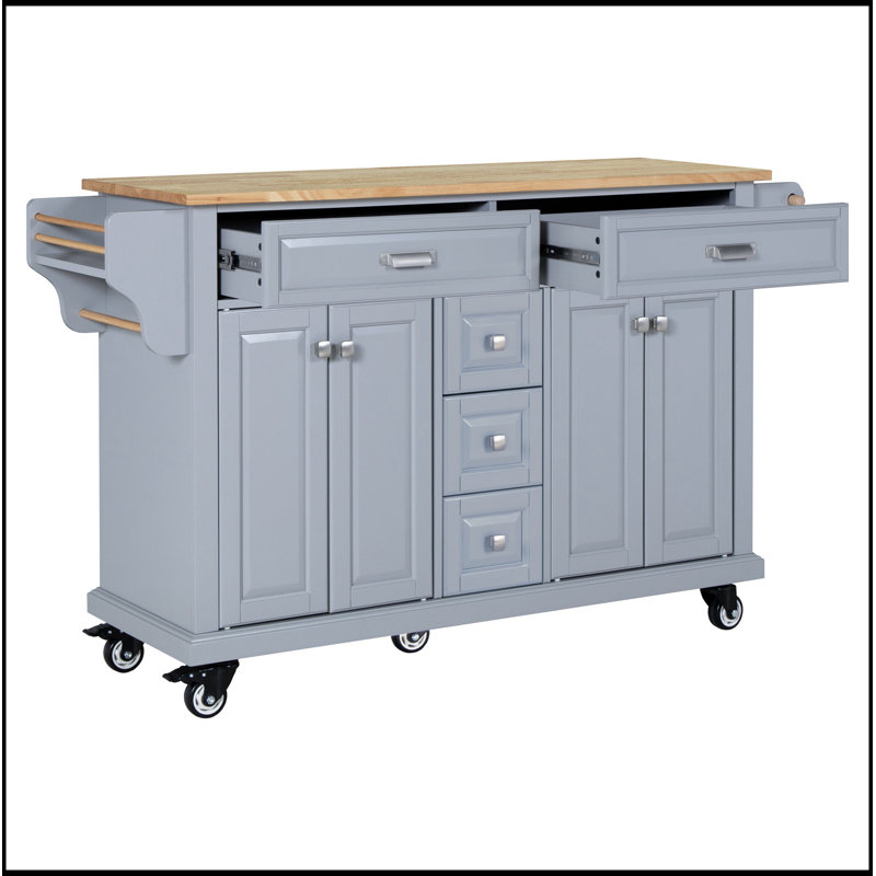 Kitchen Island with Rubber Wood Countertop, Mobile Cart on 5 Wheels with Storage Cabinet and 5 Drawers for Dining Room