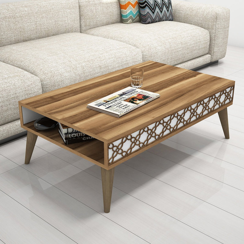 Modern Coffee Table, Walnut & White, 41.3 x 14.4 x 23.6 inches | 100% Melamine Coated Particle Board, Thickness: 0.7 inches | Stylish Geometric Design with CNC Relief & Plastic Legs | Perfect for Living Room Décor